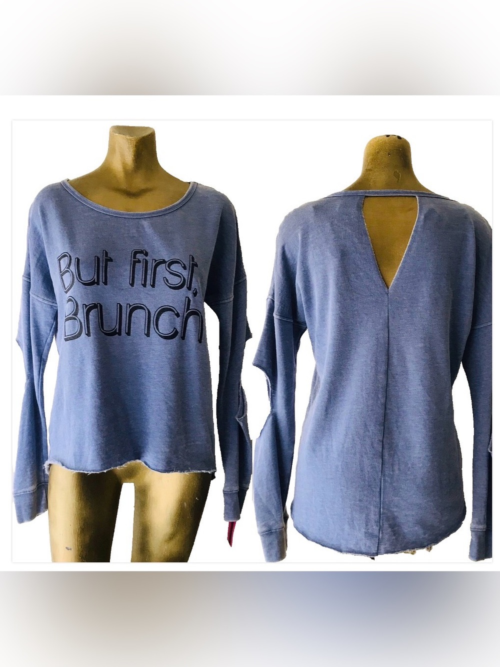 NWT Material Girl BUT FIRST BRUNCH Cut-Out Blue SWEATSHIRT XS
